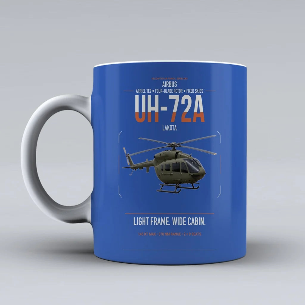 Airbus UH-72A Lakota design on blue ceramic mug, double-side print