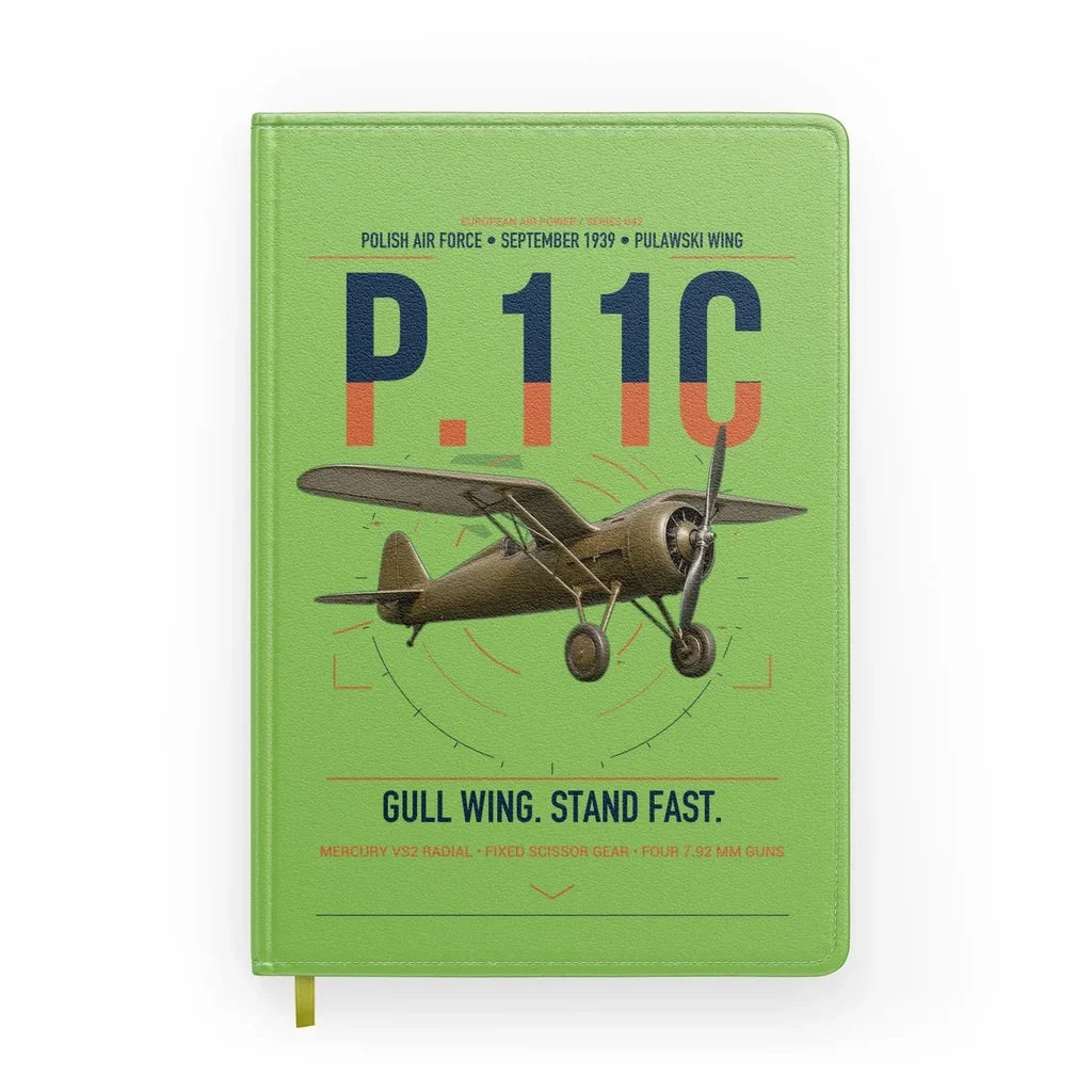 PZL P.11c design on light green notebook