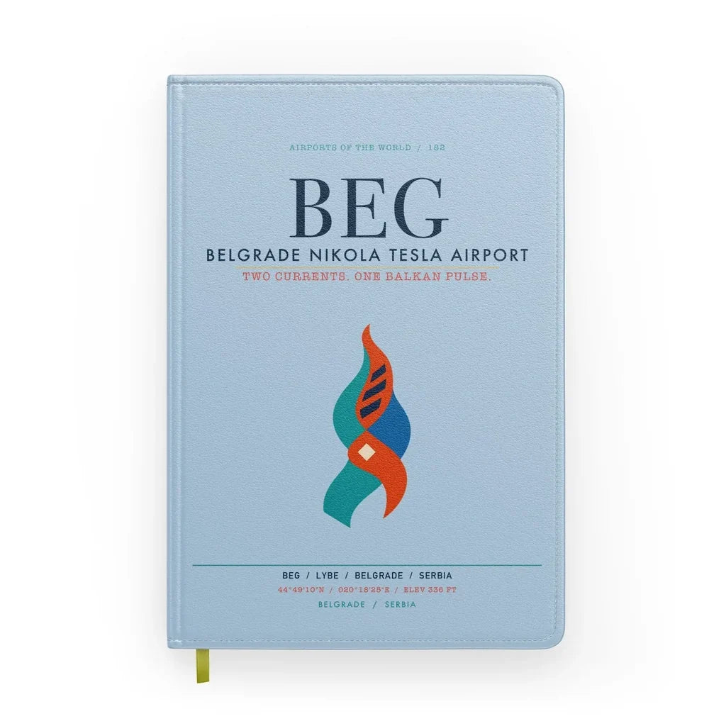 Belgrade Nikola Tesla Airport (BEG) design on light blue notebook