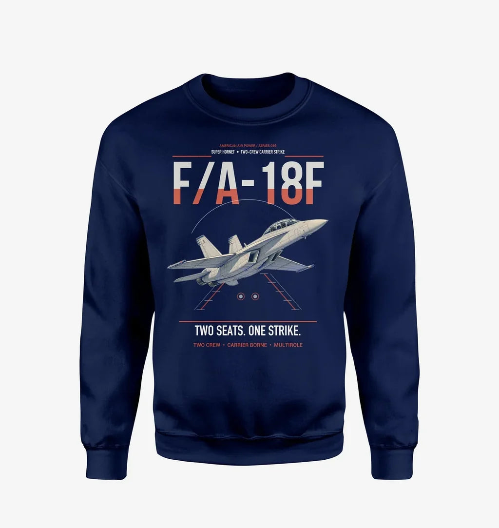 F-A-18F Super Hornet design on navy blue sweatshirt