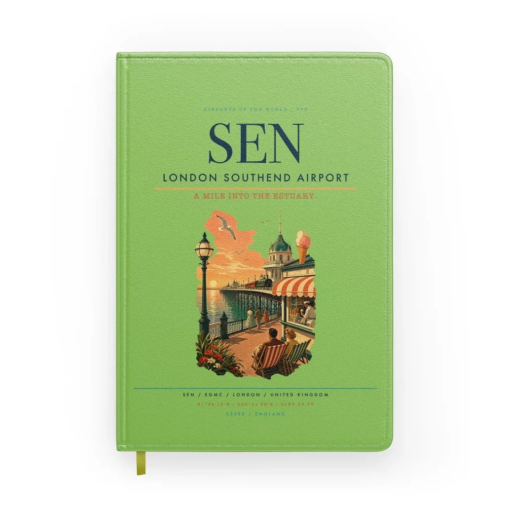 London Southend Airport (SEN) design on light green notebook