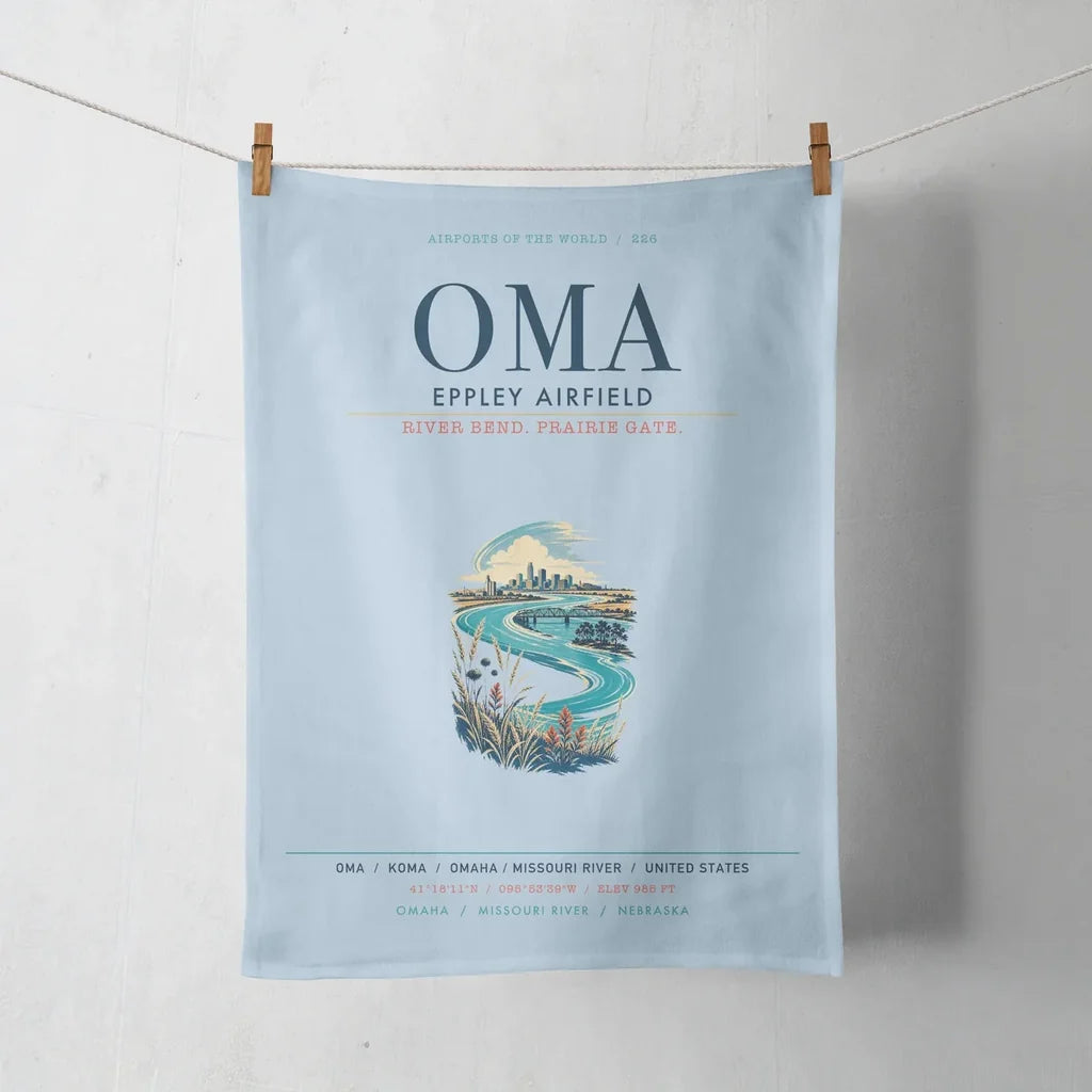 Omaha Eppley Airfield (OMA) design on light blue towel