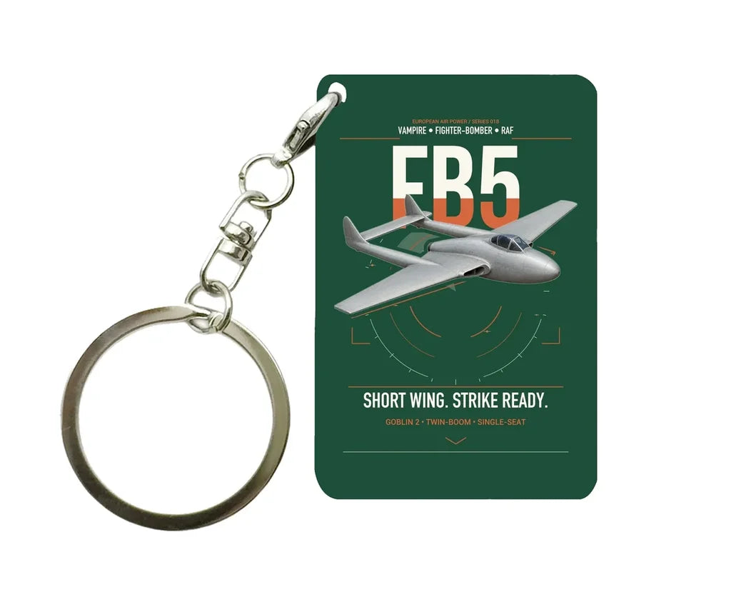 de Havilland Vampire FB5 design on dark green designed key chain, double-side print