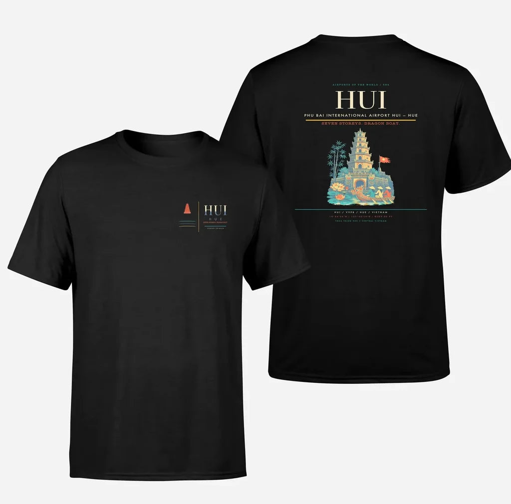 Phu Bai International Airport (HUI) design printed on black double-side t-shirt