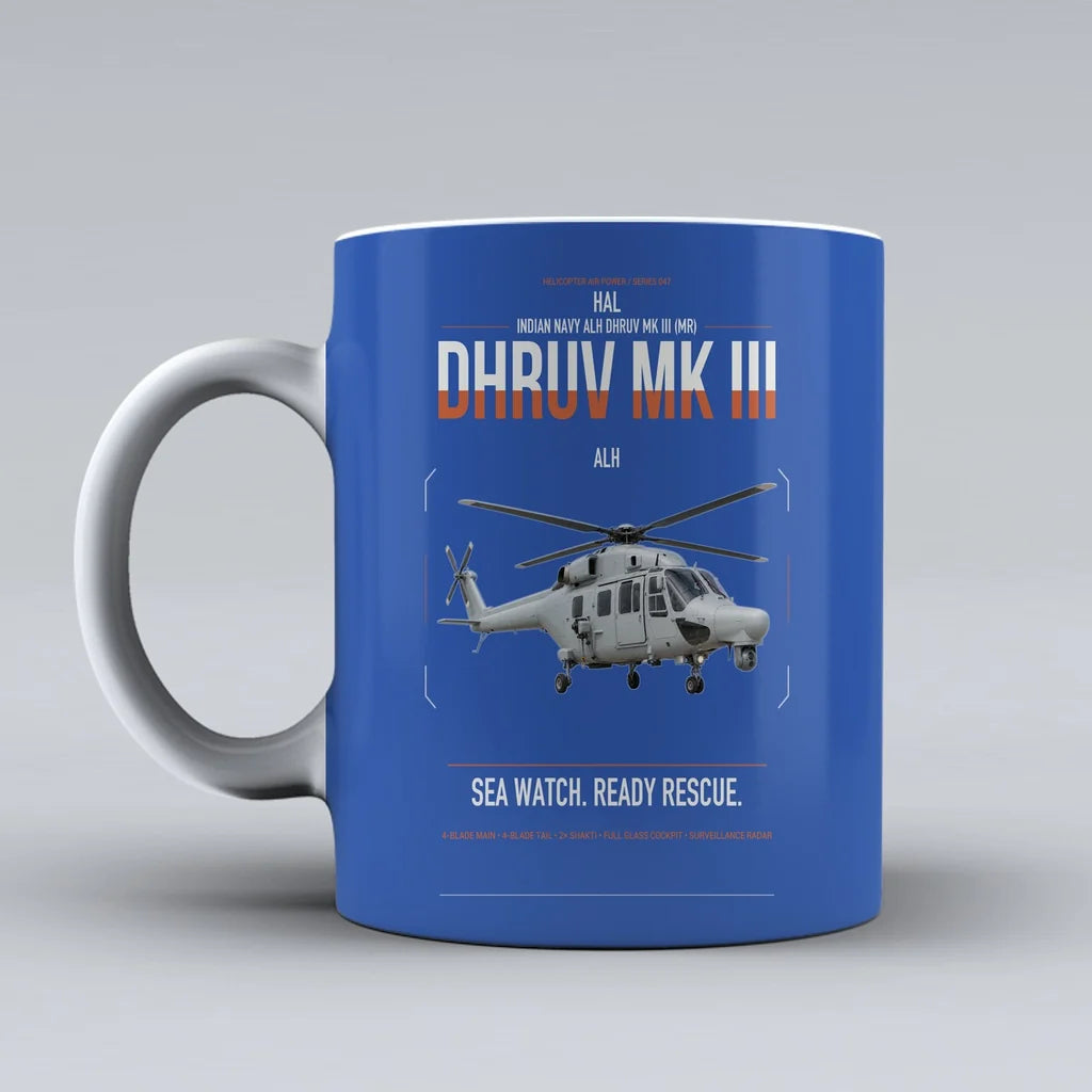 HAL ALH Dhruv Mk III design on blue ceramic mug, double-side print