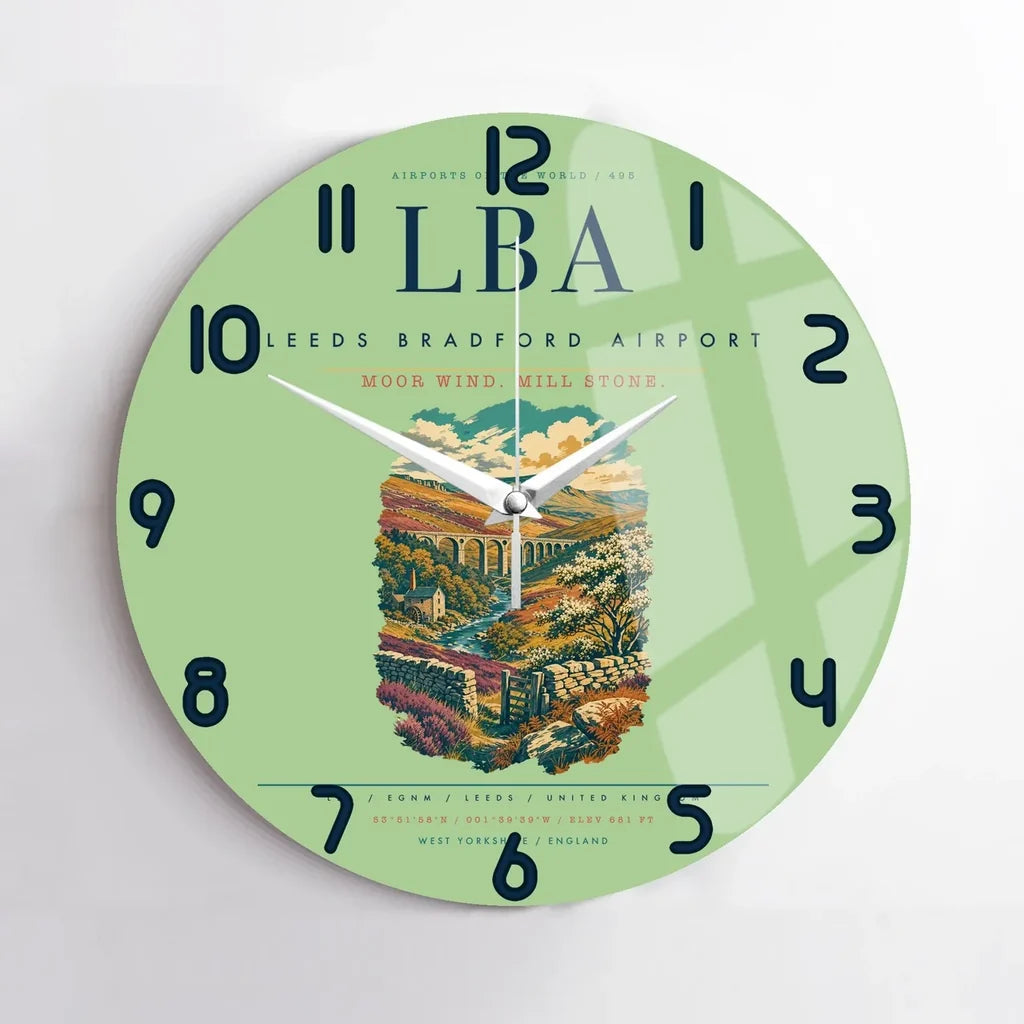 Leeds Bradford Airport (LBA) design on light green no frame wall clock