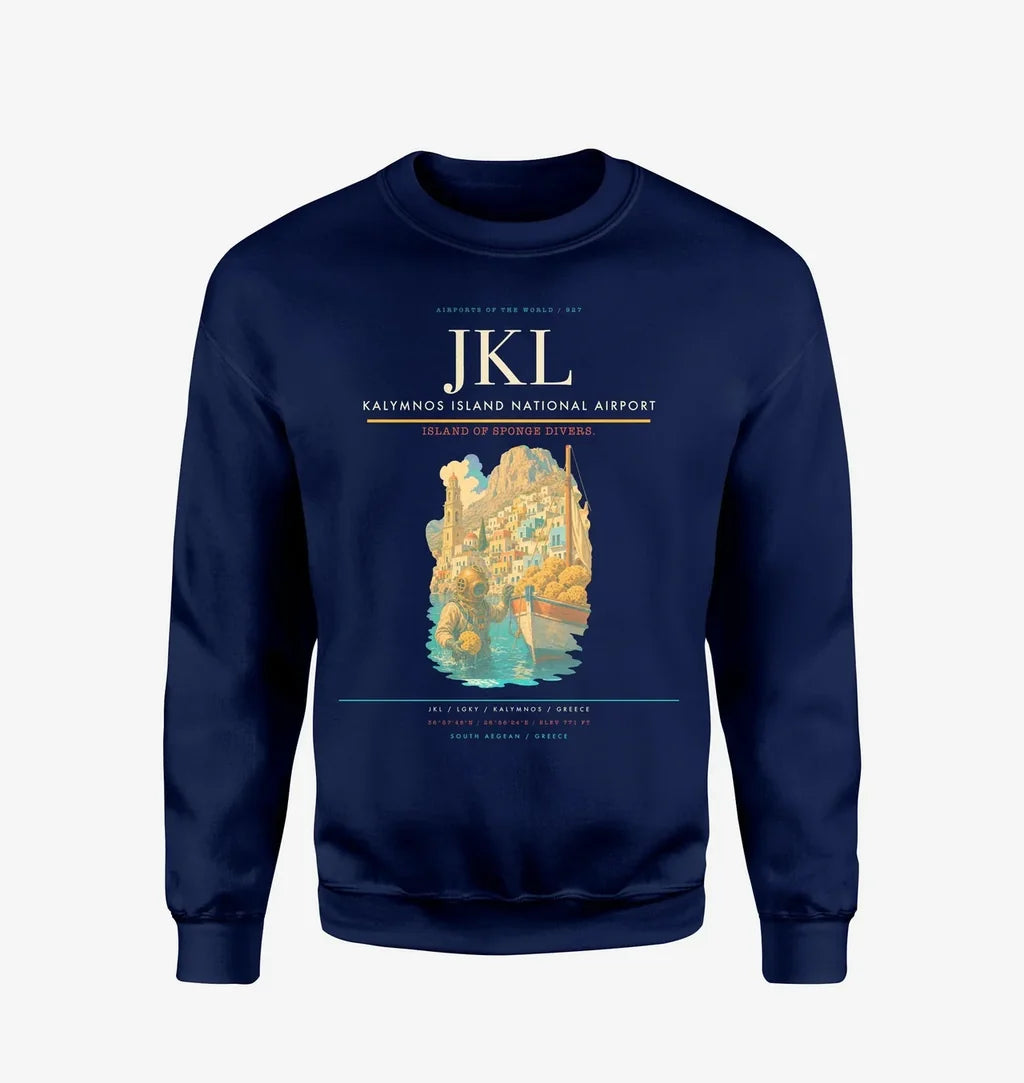 Kalymnos Island National Airport (JKL) design on navy blue sweatshirt