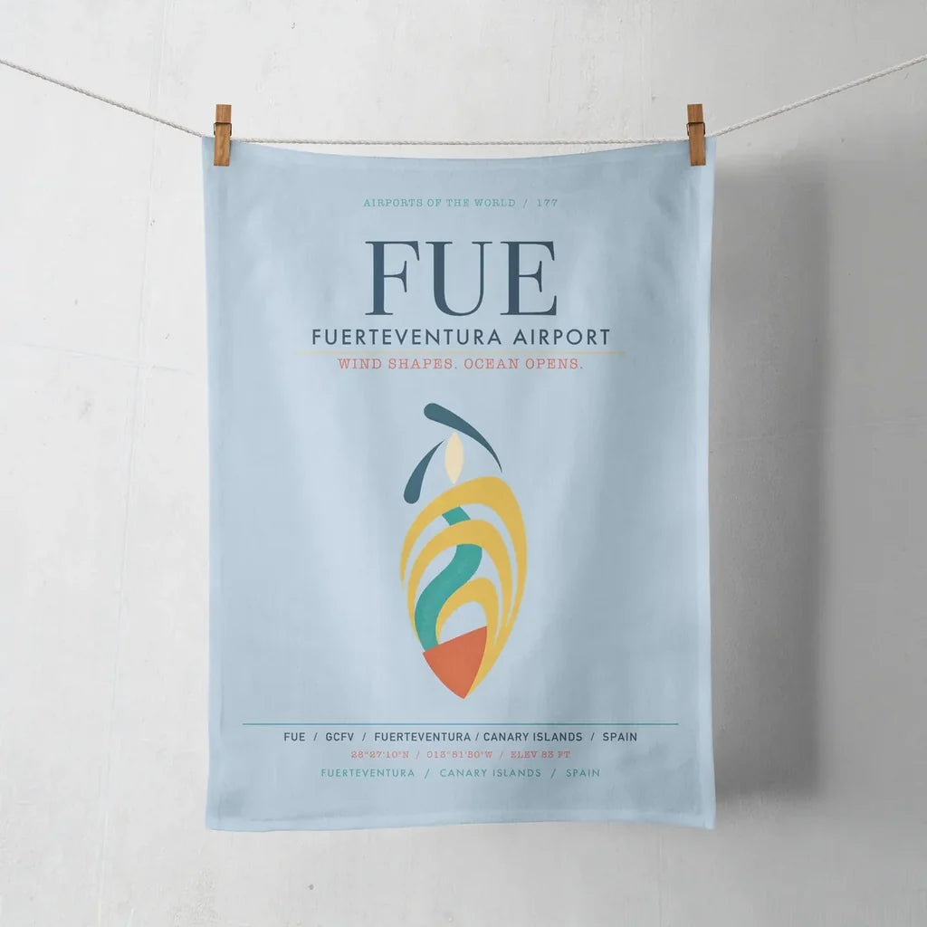 Fuerteventura Airport (FUE) design on light blue towel