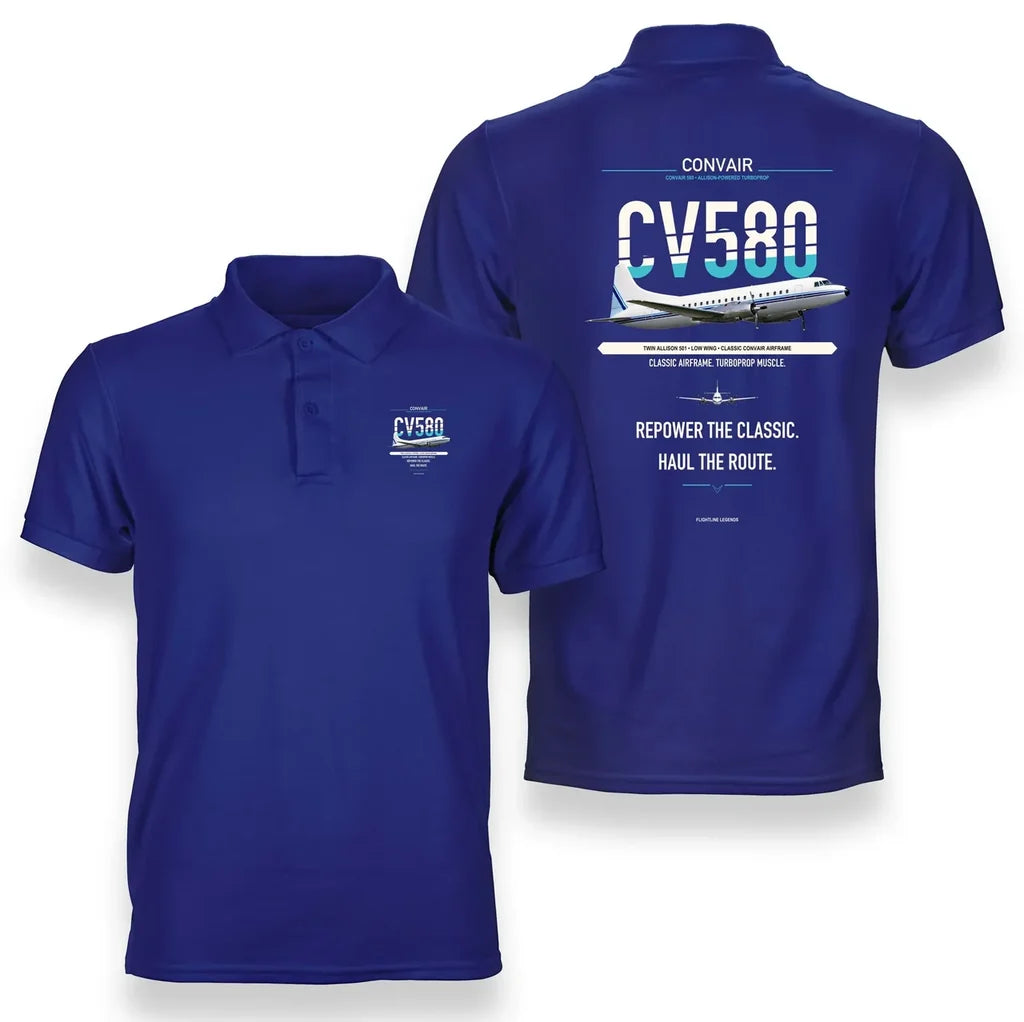 Convair 580 design on blue polo