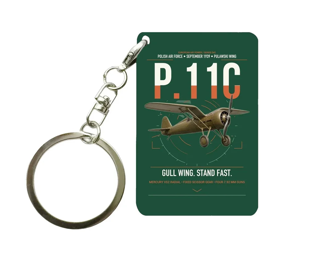 PZL P.11c design on dark green designed key chain, double-side print