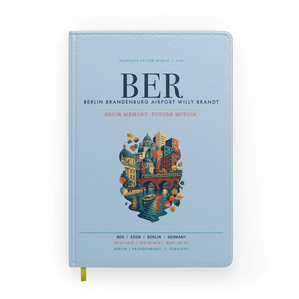 Berlin Brandenburg Airport Willy Brandt (BER) design on light blue notebook