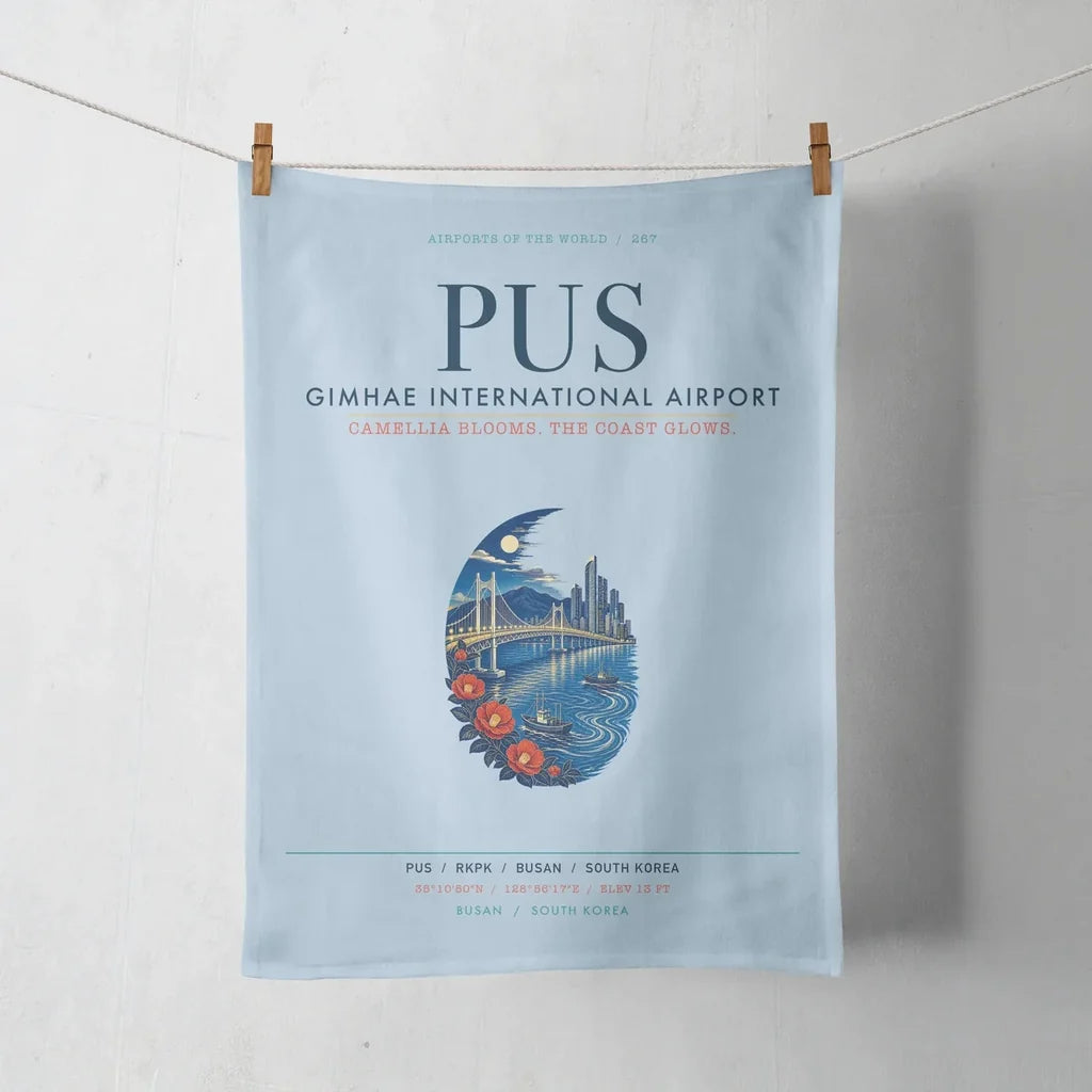 Gimhae International Airport Busan (PUS) design on light blue towel