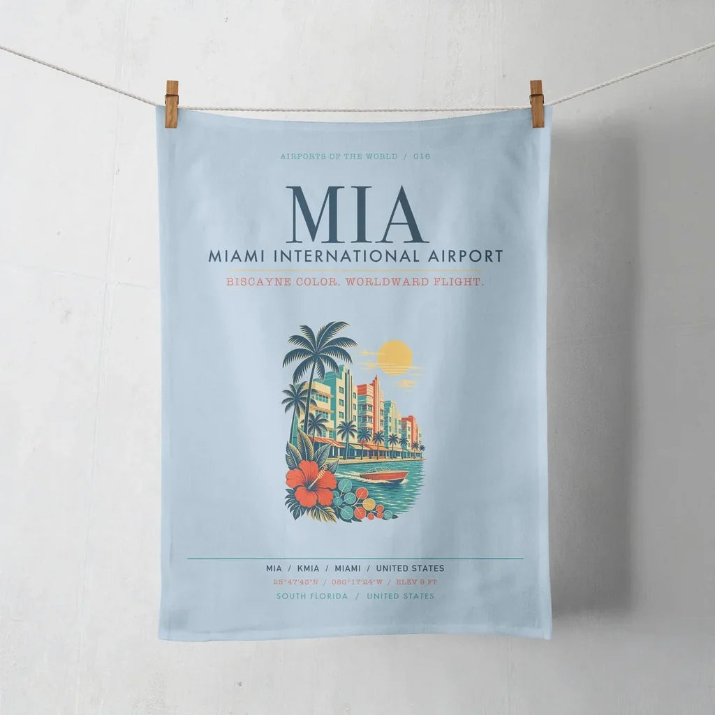 Miami International Airport (MIA) design on light blue towel