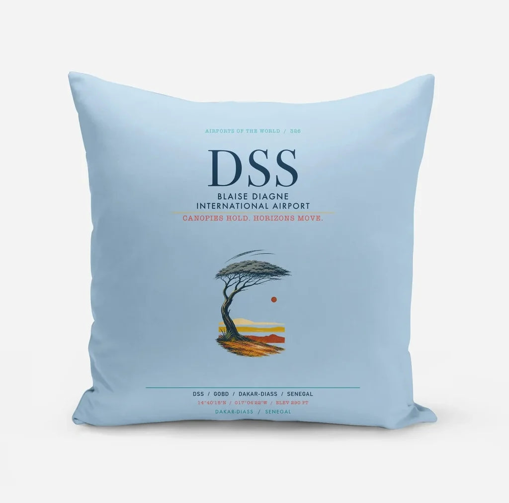 Blaise Diagne International Airport (DSS) design on light blue pillow