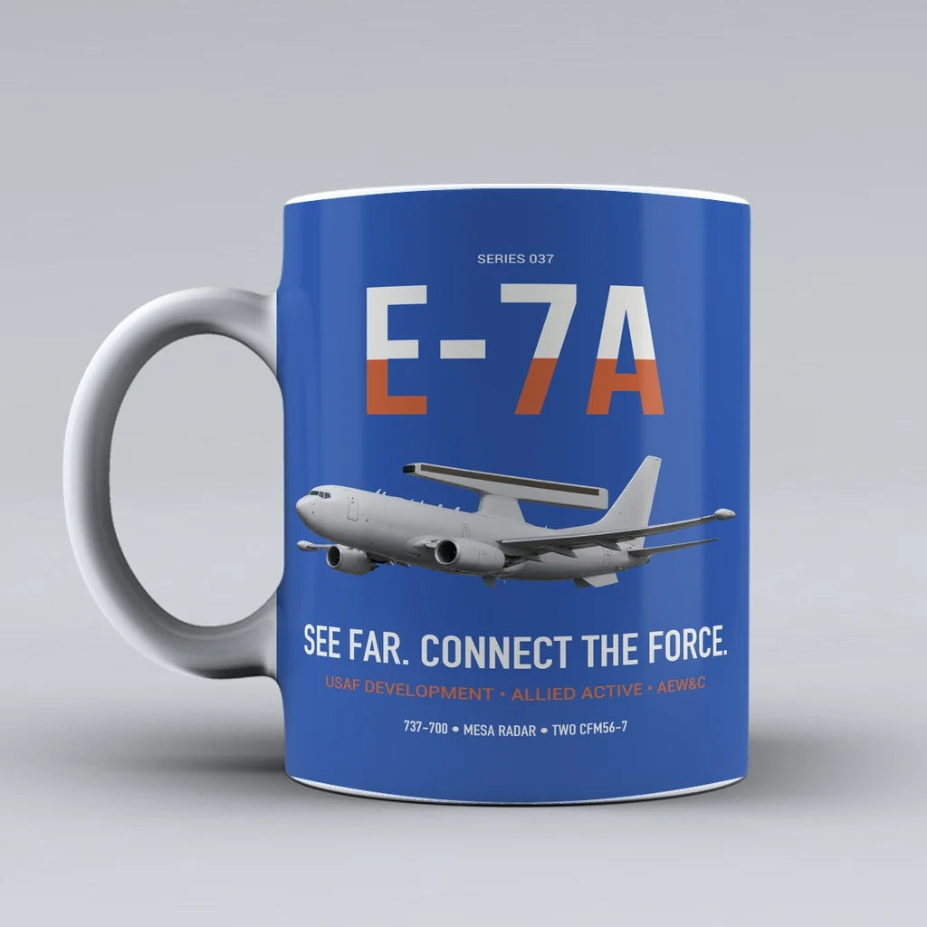 E-7A Wedgetail design on blue ceramic mug, double-side print