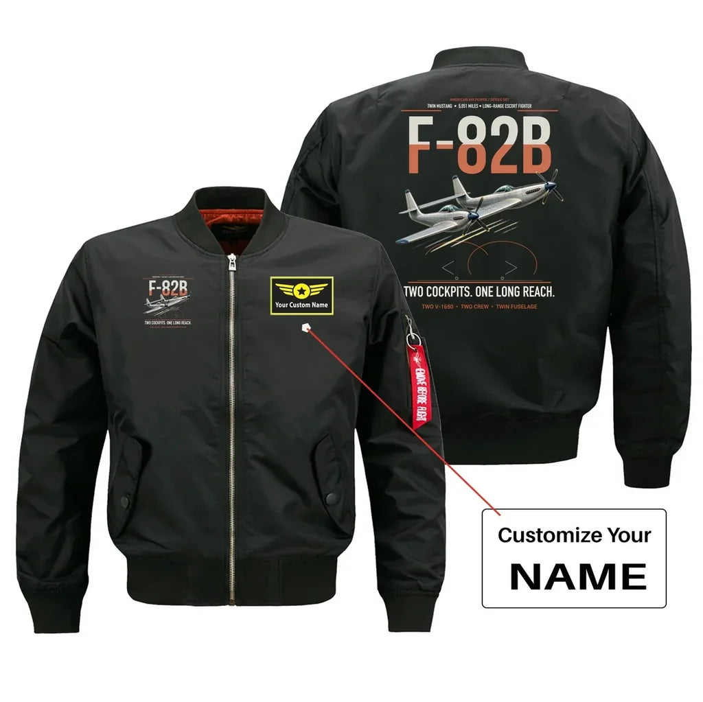 F-82B Twin Mustang design on black bomber jacket with custom name