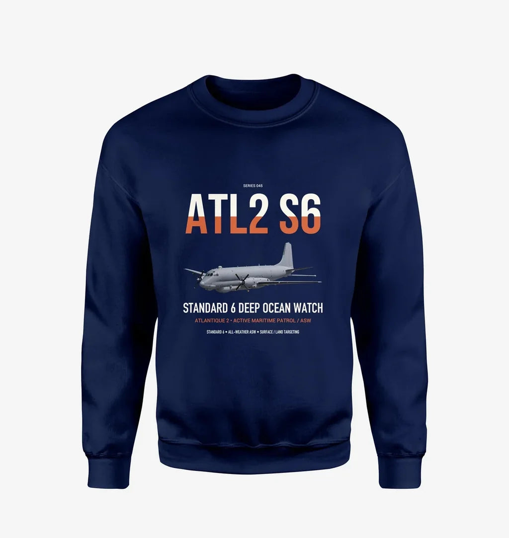Atlantique 2 Standard 6 design on navy blue sweatshirt