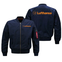 Thumbnail for Lufthansa Airlines aviation design embroidered on blue bomber jacket