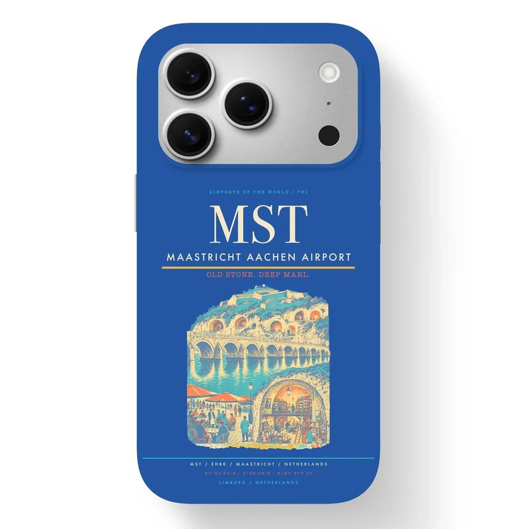 Maastricht Airport (MST) design on blue iPhone 17 Pro MagSafe case