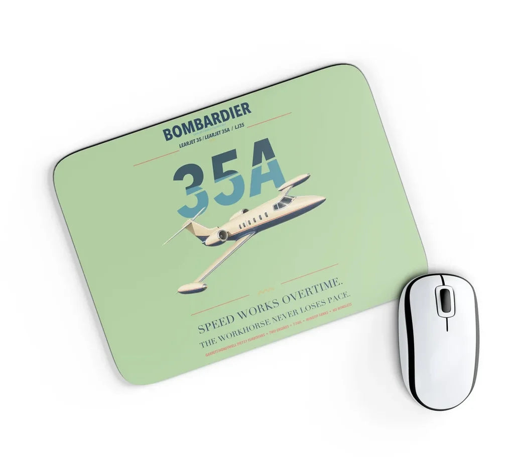 Bombardier Learjet 35A design on light green rectangle mouse pad