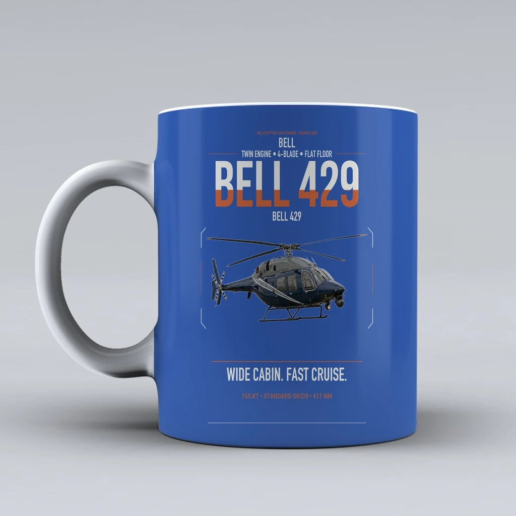 Bell 429 design on blue ceramic mug, double-side print