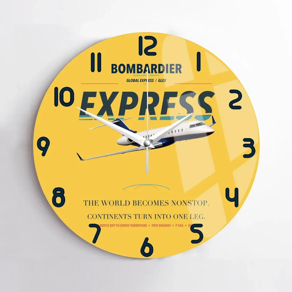 Bombardier Global Express design on yellow no frame wall clock