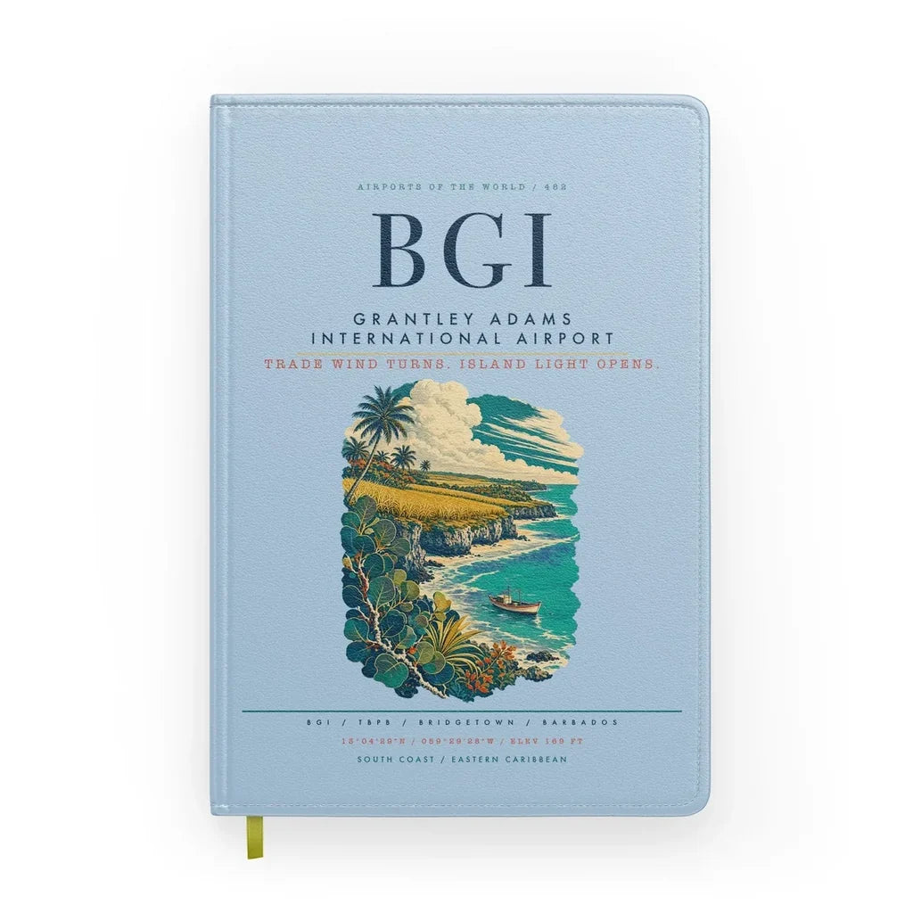 Grantley Adams International Airport (BGI) design on light blue notebook