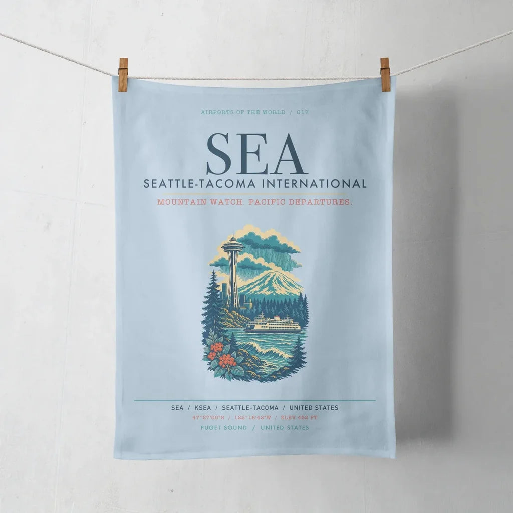 Seattle-Tacoma International Airport (SEA) design on light blue towel