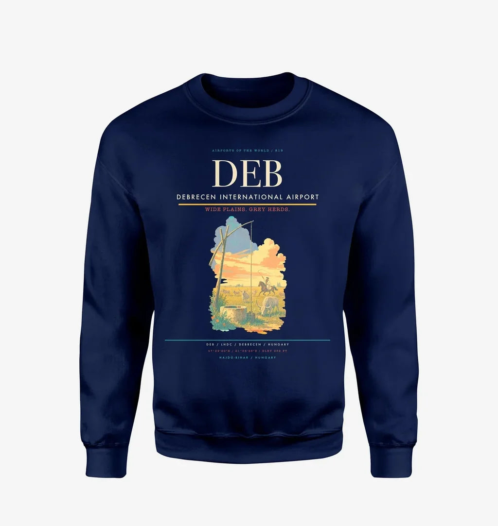 Debrecen International Airport (DEB) design on navy blue sweatshirt