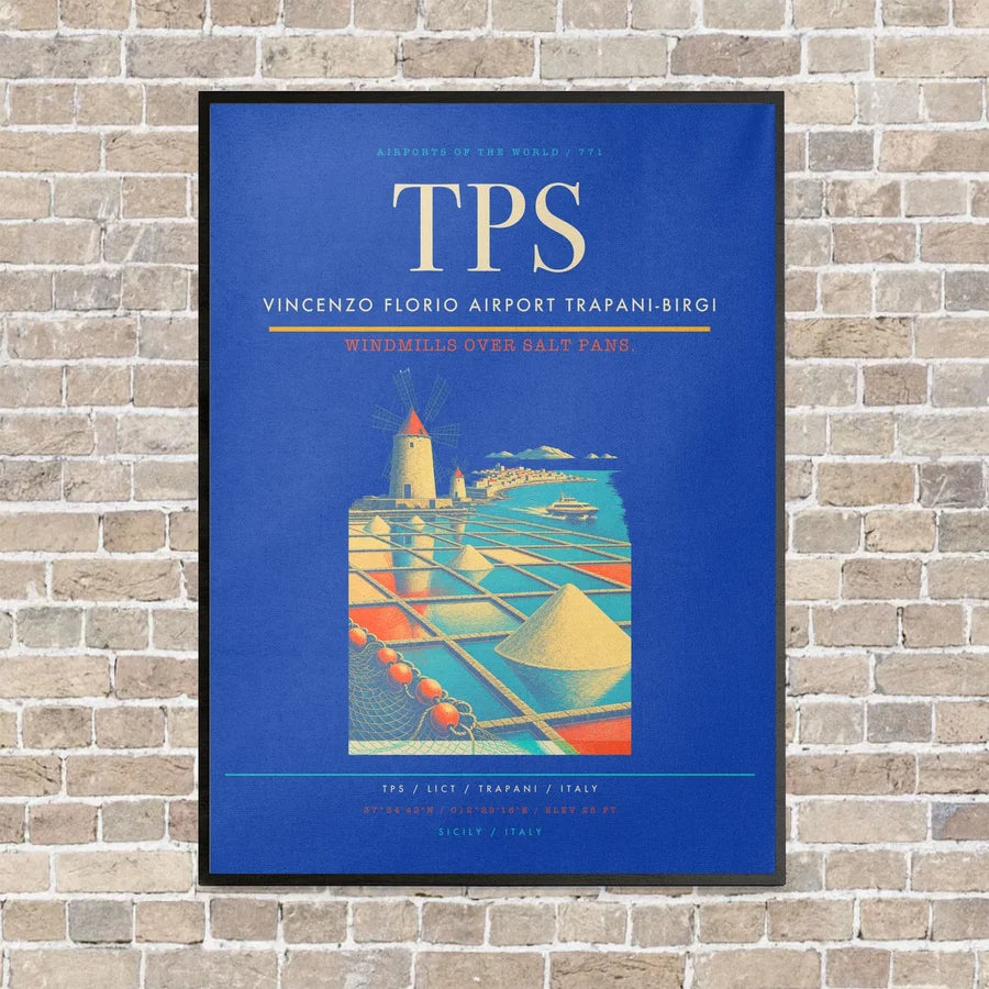 Vincenzo Florio Airport Trapani-Birgi TPS vertical canvas print - framed - blue background