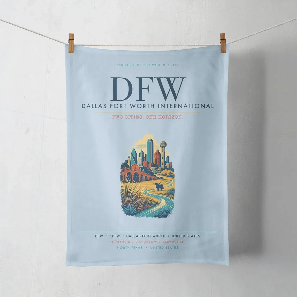 Dallas Fort Worth International Airport (DFW) design on light blue towel