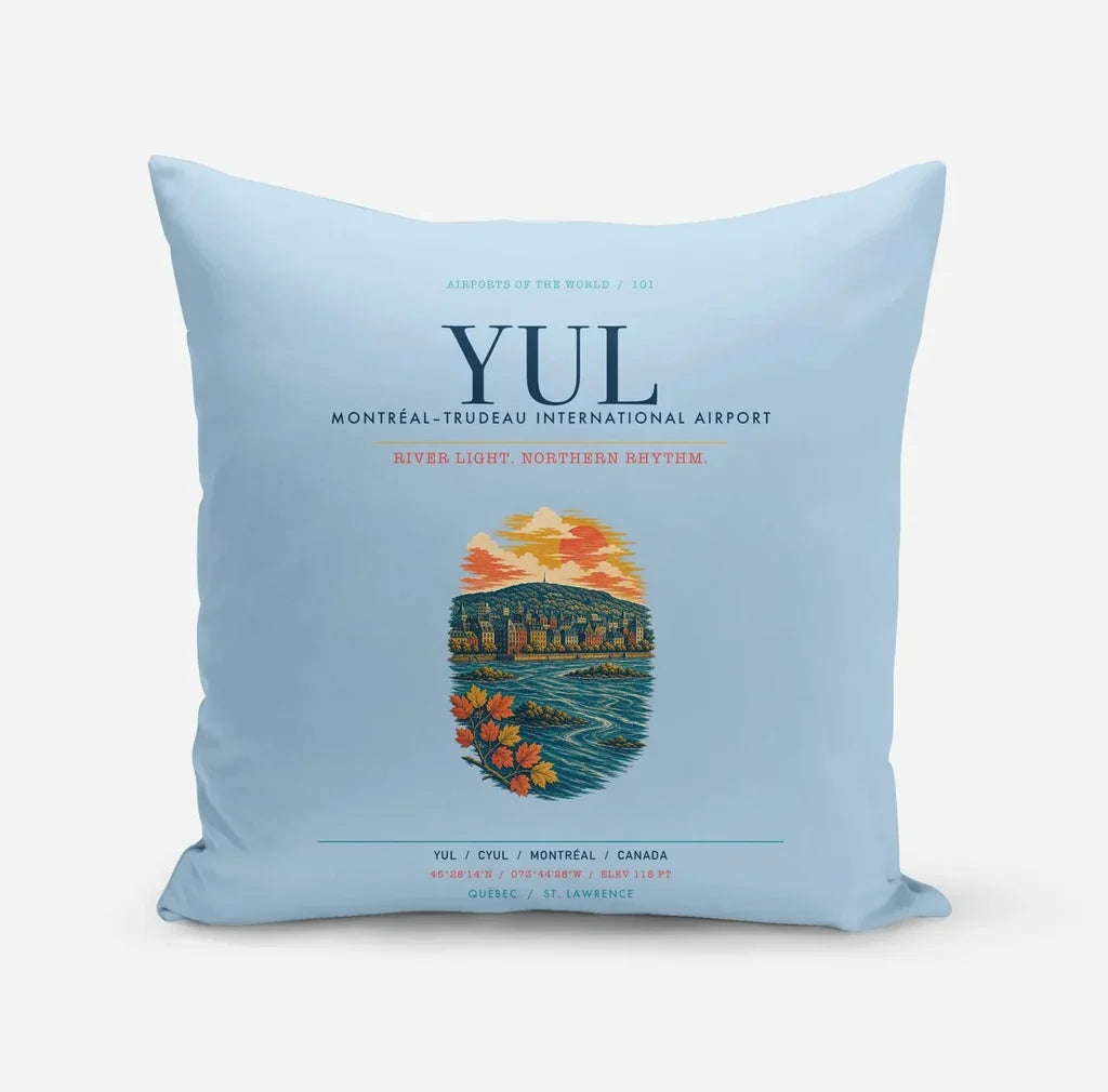 Montréal–Trudeau International Airport (YUL) design on light blue pillow