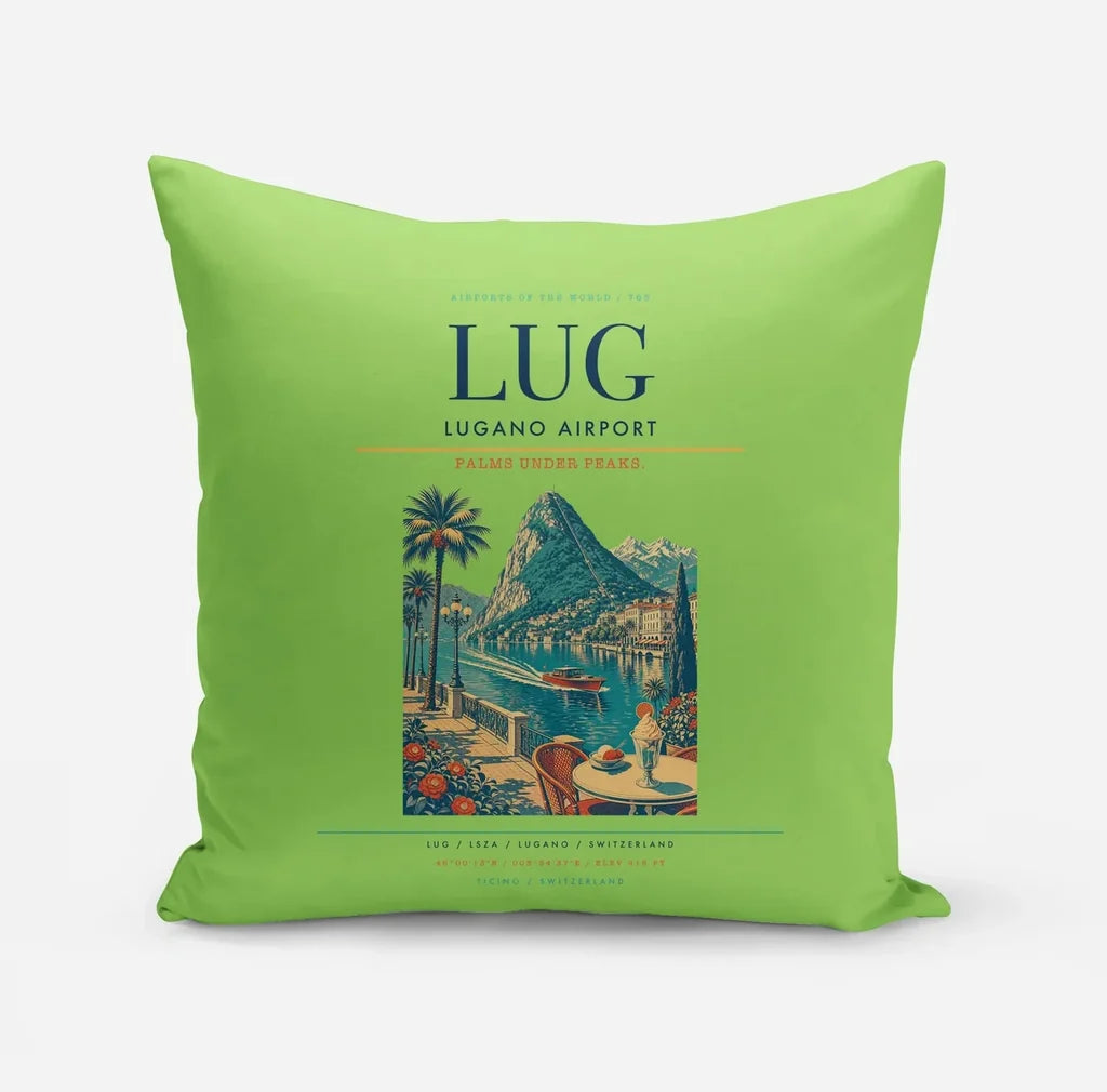 Lugano Airport (LUG) design on light green pillow
