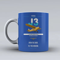 Thumbnail for Piper J-3 Cub design on blue ceramic mug, double-side print