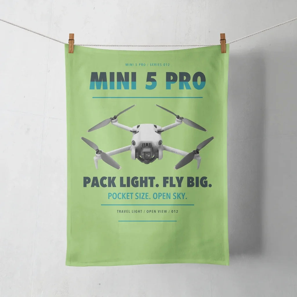 DJI Mini 5 Pro design on light green towel