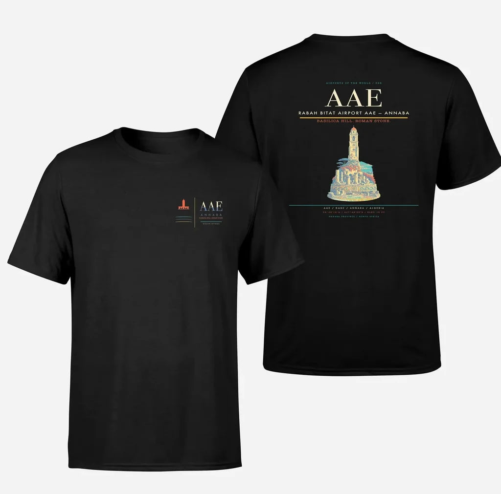 Rabah Bitat Airport (AAE) design printed on black double-side t-shirt