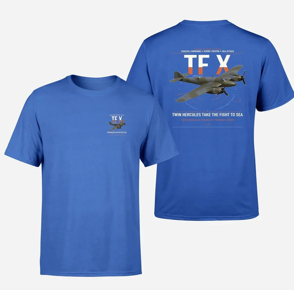 Bristol Beaufighter TF X design on blue t-shirt, double-side print