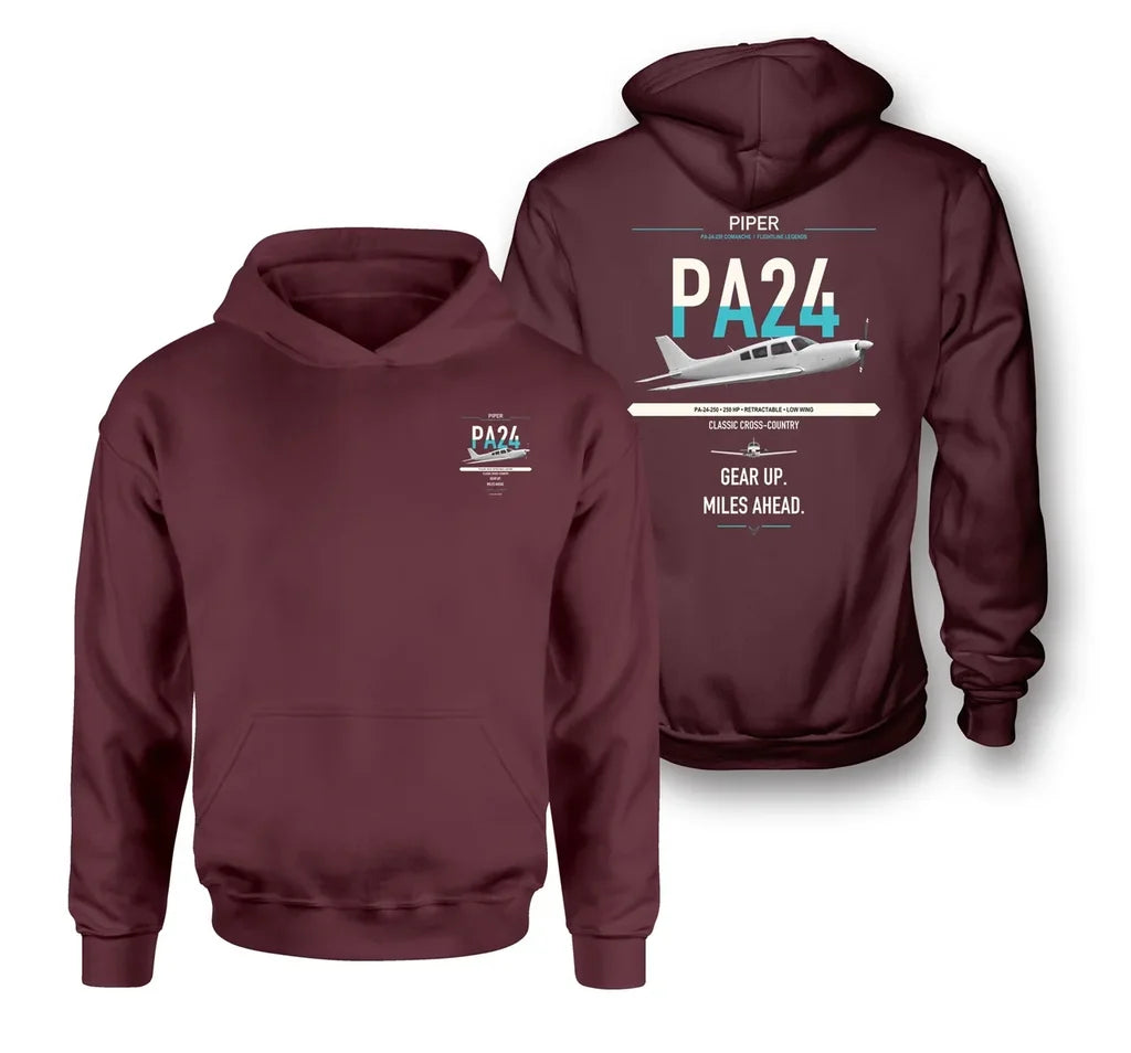 Piper PA-24-250 Comanche 250 design on dark red double-side hoodie, double-side print