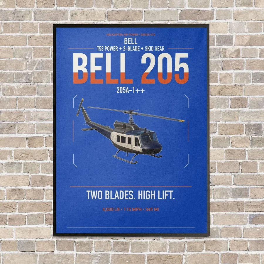 Bell 205A-1++ vertical canvas print - framed - blue background