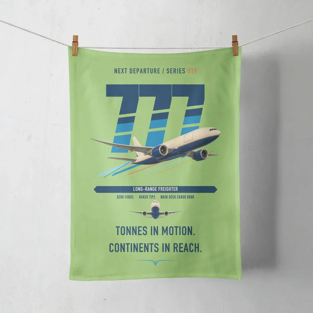 Boeing 777F design on light green towel