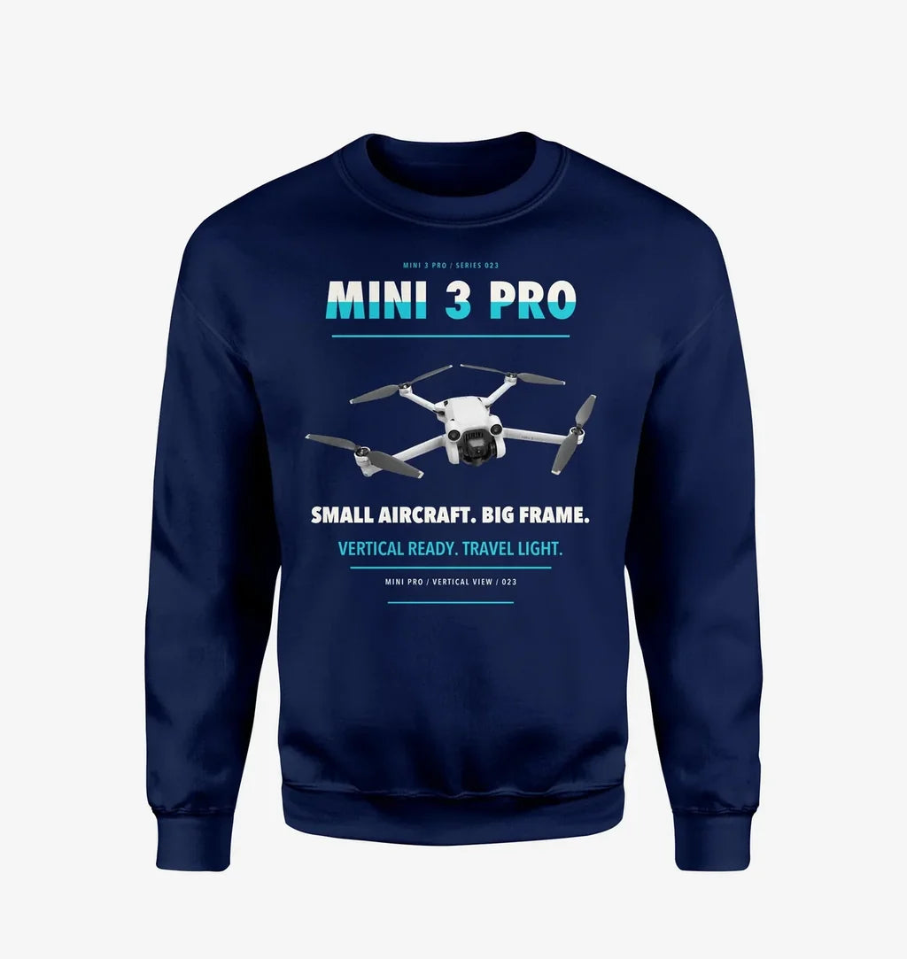 DJI Mini 3 Pro design on navy blue sweatshirt