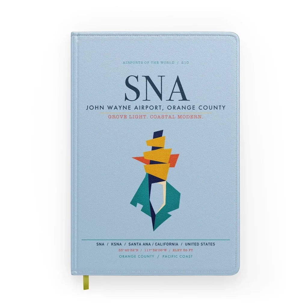 John Wayne Airport, Orange County (SNA) design on light blue notebook