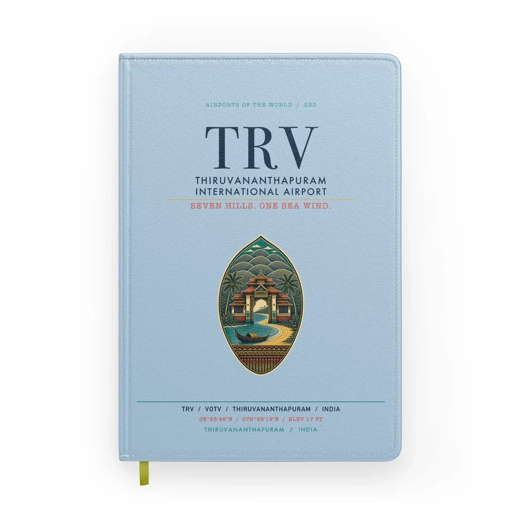 Thiruvananthapuram International Airport (TRV) design on light blue notebook