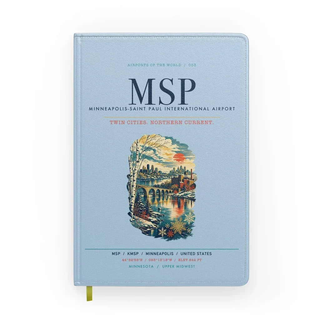 Minneapolis-Saint Paul International Airport (MSP) design on light blue notebook