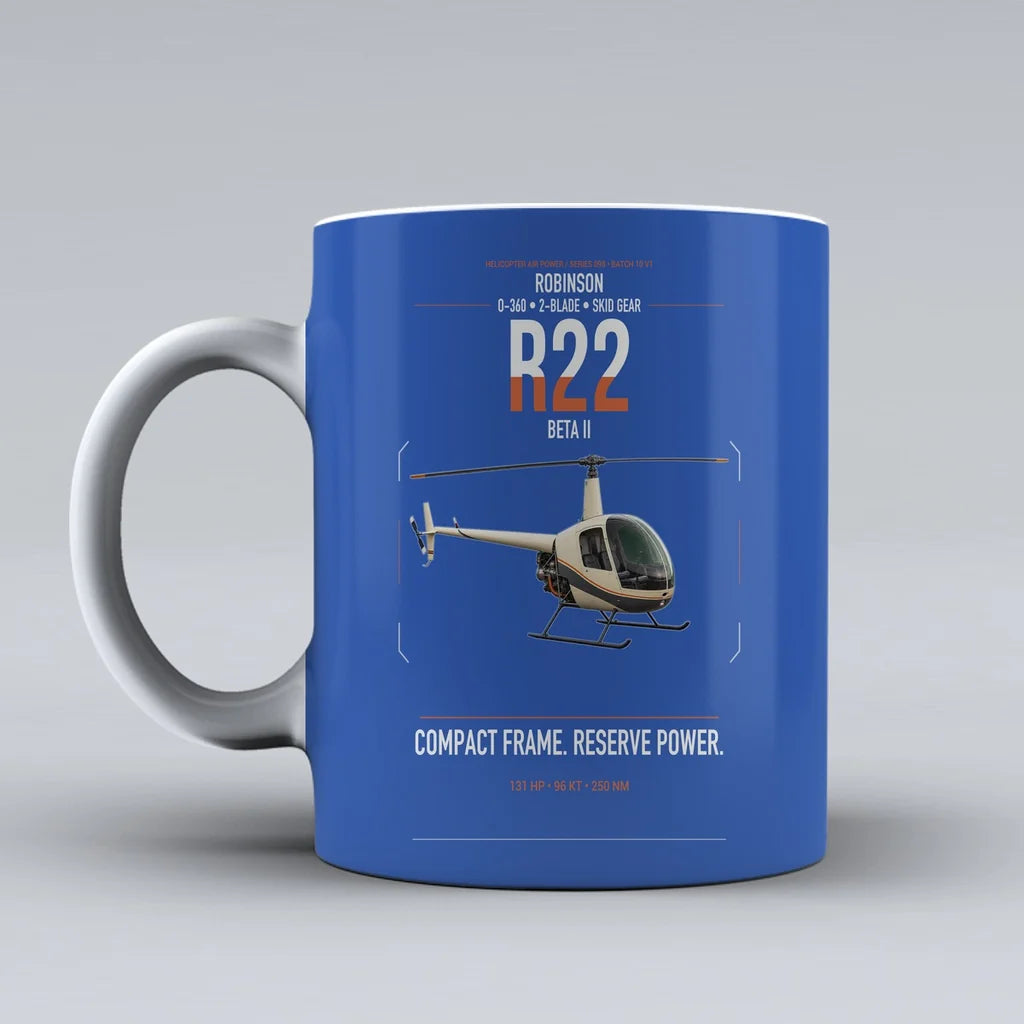 Robinson R22 Beta II design on blue ceramic mug, double-side print