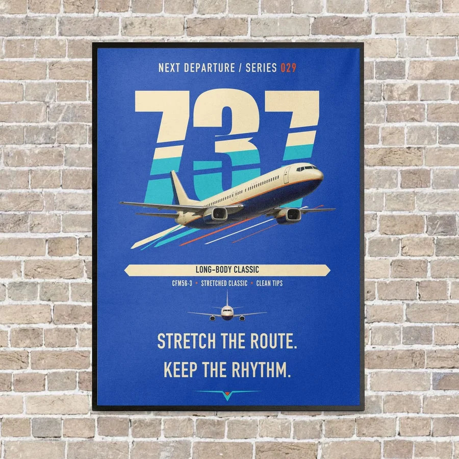 Boeing 737-400 Classic vertical canvas print - framed - blue background