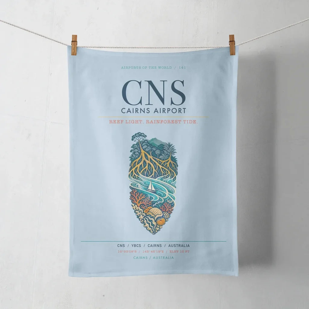 Cairns Airport (CNS) design on light blue towel