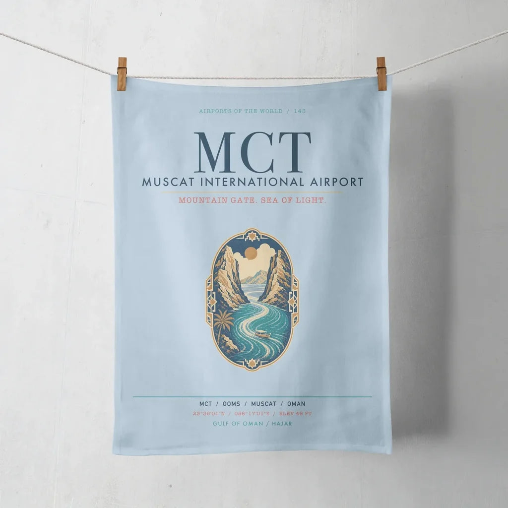 Muscat International Airport (MCT) design on light blue towel