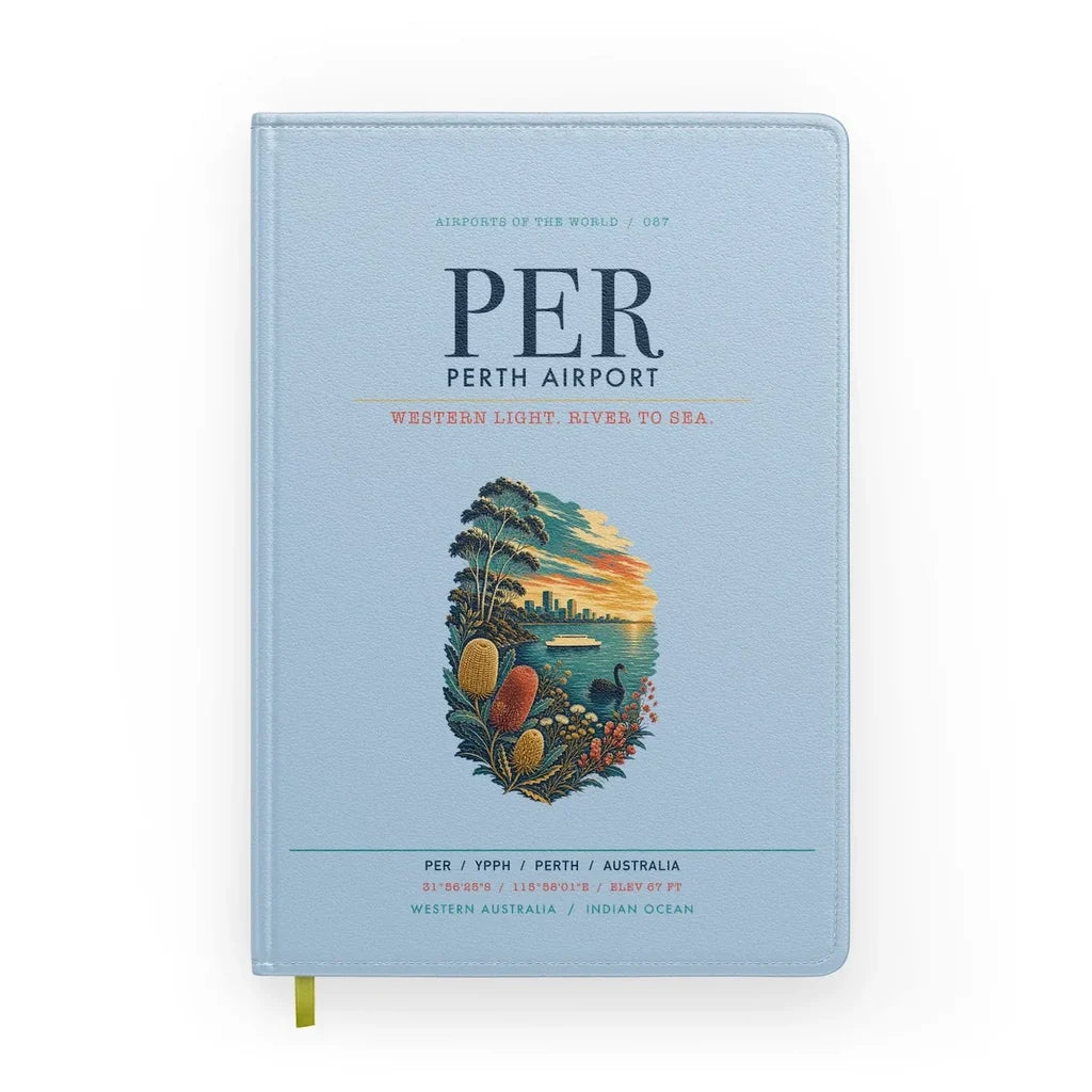Perth Airport (PER) design on light blue notebook