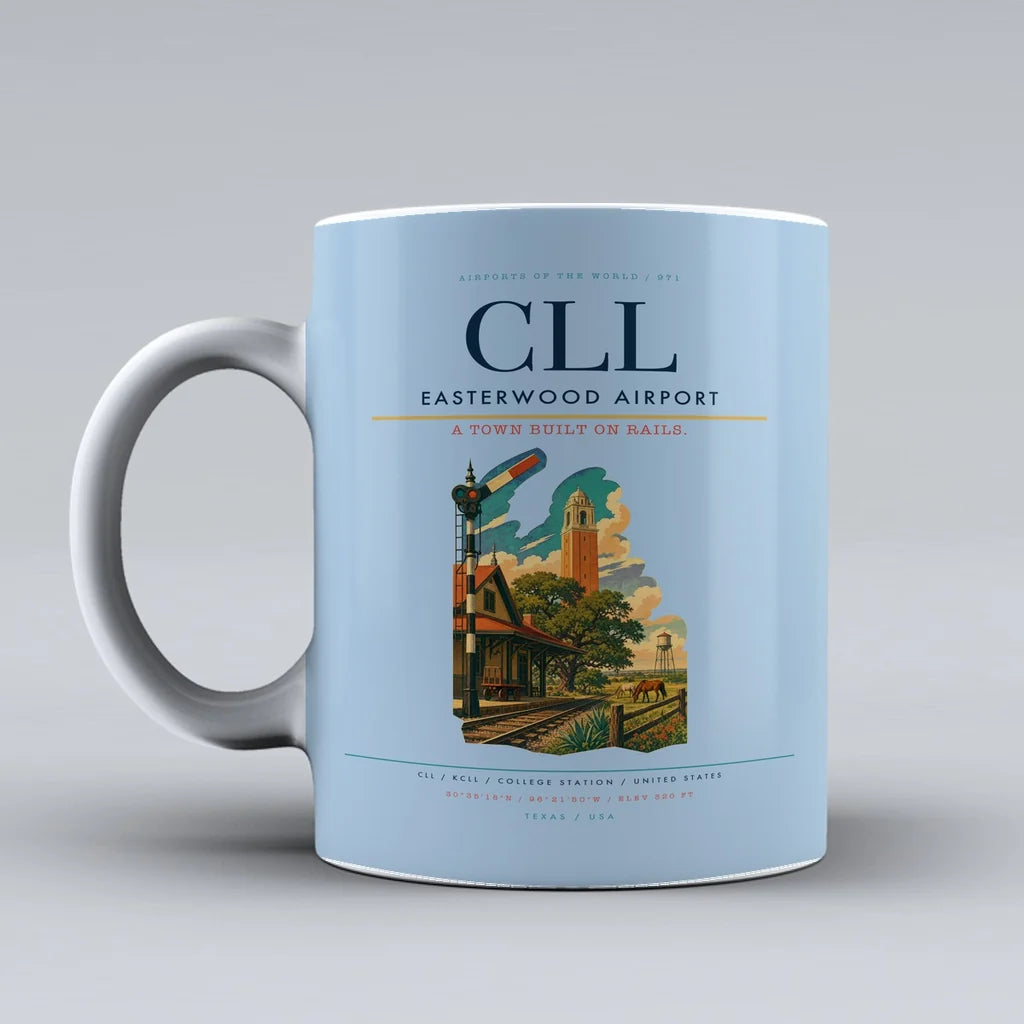 Easterwood Airport (CLL) airport code design on light blue ceramic mug